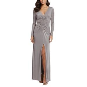 Eliza J Women's Metallic Long Sleeve Ruched Evening Gown Silver Size 6 Dress